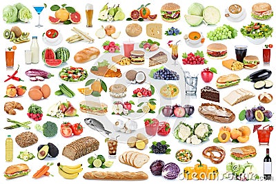 Food and drink collection collage healthy eating fruits vegetables fruit drinks isolated Stock Photo