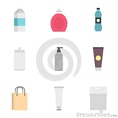 Food, drink, cosmetic package icons set flat style Vector Illustration