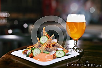 Food And Drink. Meat Rolls And Beer On Table Stock Photo