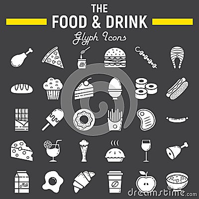 Food and drink glyph icon set, meal signs Vector Illustration