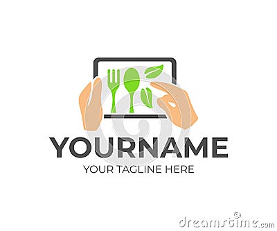 Food and drink, human hands hold a tablet with a menu and order food, logo design. Fork and spoon with leaves, fast food and meal, Vector Illustration