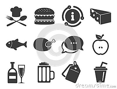 Food, drink icons. Beer, fish and burger signs. Vector Vector Illustration