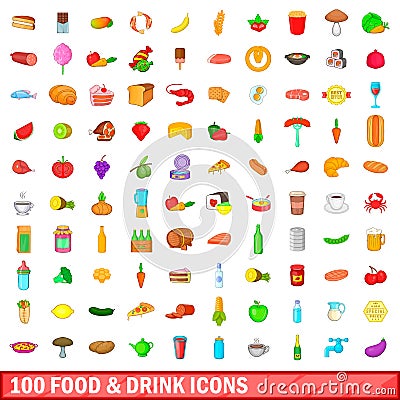 100 food and drink icons set, cartoon style Vector Illustration