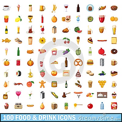 100 food and drink icons set, cartoon style Vector Illustration
