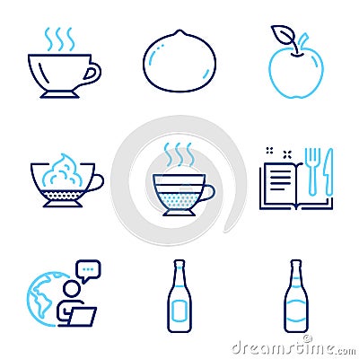Food and drink icons set. Included icon as Coffee, Beer bottle, Apple signs. Vector Vector Illustration