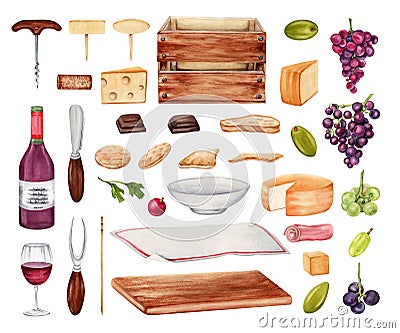 Food and drink menu tasting set with cheese slices, grapes, red wine, olives, crackers, serving board, table cloth, crate, knife Cartoon Illustration