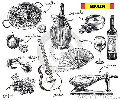 Food, drink and the mood in Spain Vector Illustration