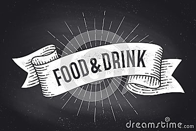 Food and Drink. Old school vintage ribbon banner Vector Illustration