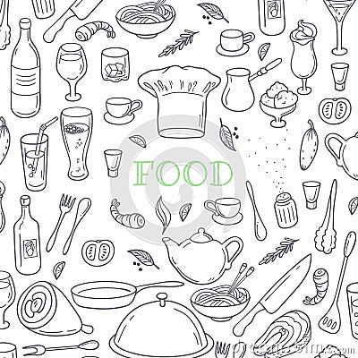 Food and drink outline doodle background. Hand Vector Illustration