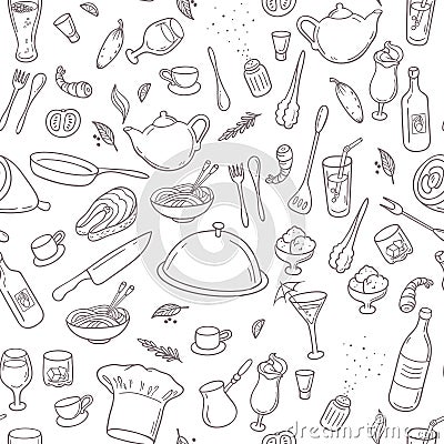 Food and drink outline seamless pattern. Hand Vector Illustration