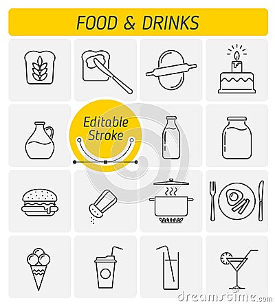 The food and drink outline vector icon set Vector Illustration