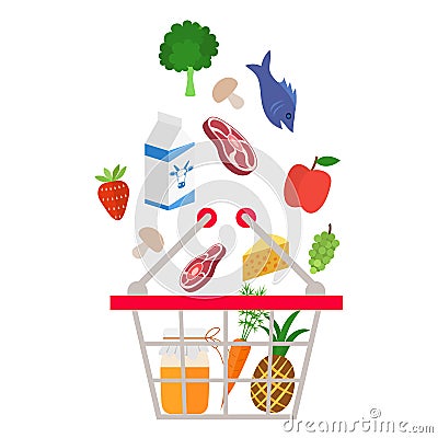 Food and drink products falling down into basket Vector Illustration