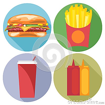 Food and drink set flat style. Burger, coke, chips, ketchup and mayonnaise Vector Illustration