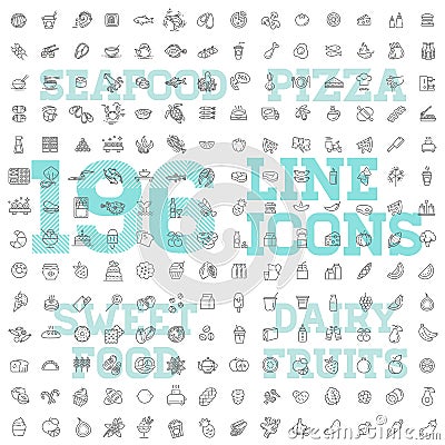 196 food and drink thin vector icon set Vector Illustration