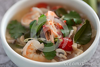 Food and drink, traditional Thai cuisine. Spicy tom yam kung, tom yum sour soup with shrimp, prawn, coconut milk Stock Photo