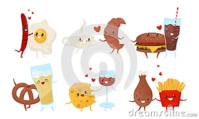 Food and Drinks Cartoon Characters, Best Friends Collection, Delicious Fast Food Menu Dises with Friendly Faces Vector Vector Illustration