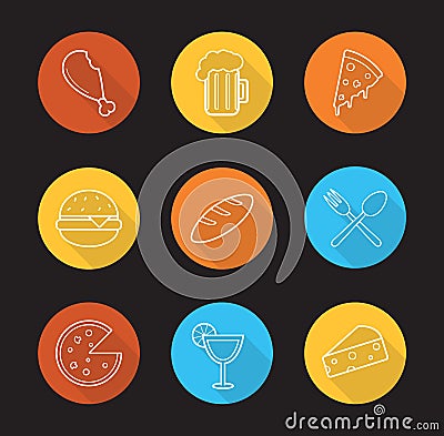 Food and drinks flat linear long shadow icons set Vector Illustration