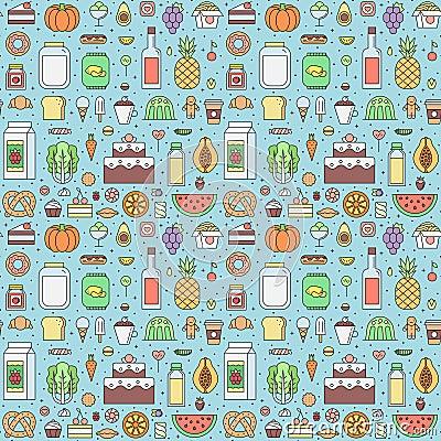 Food and drinks grocery shop outline seamless vector pattern. Vector Illustration