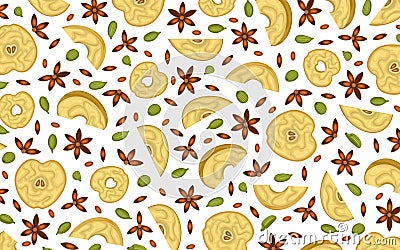 Food and drinks. Sample. Cardamom seeds, star anise and dried apple slices Vector Illustration