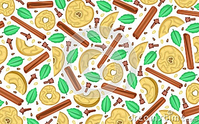 Food and drinks. Sample. Mint, cinnamon sticks, clove buds and dried apple slices Vector Illustration