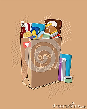 Food Drive charity vector illustration with brown paper bag with tittle and non perishable food packages. Help for people. Vector Illustration