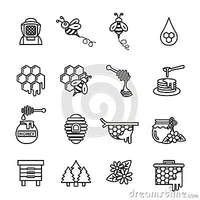 Bee and honey icons set. Thin line style stock. Vector Illustration