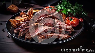 food elegant expensive dish plate dark black gourmet dinner chef. Stock Photo