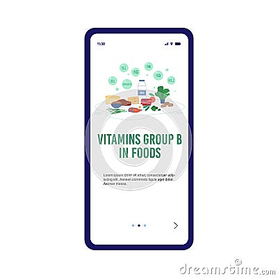 Food enriched in group B vitamins, onboarding screen template - flat vector illustration. Vector Illustration