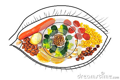 Food for eye health. Healthy food. Carrots, dried apricots, garlic, broccoli, nuts. Stock Photo