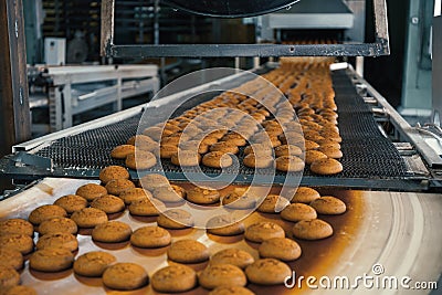 Food factory, production line or conveyor belt with fresh baked cookies. Modern automated confectionery and bakery Stock Photo