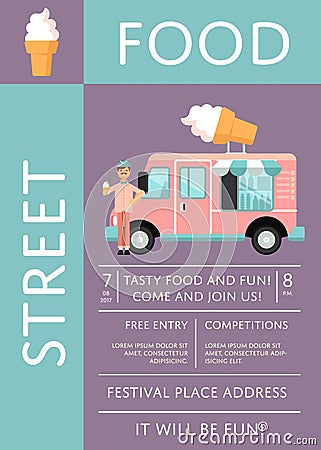 Food festival invitation with ice cream truck Vector Illustration