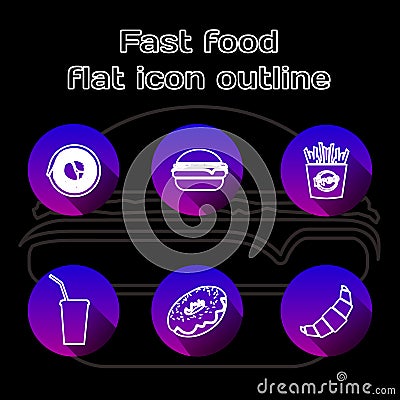 Food flat linear icons set. Fast food, pizzeria, cafe and restaurant menu items. Long shadow outline logo concepts. Vector line ar Cartoon Illustration