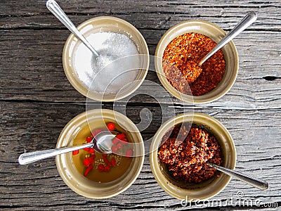 Food flavoring concept. sugar , cayenne pepper, vinegar Stock Photo