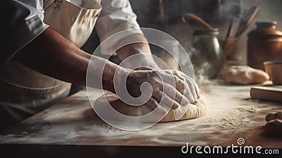 food flour cook chef baker kitchen dough knead hands pastry. Generative AI. Stock Photo