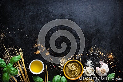 Food frame, italian food background, healthy food concept or ingredients for cooking pesto sauce on a vintage background Stock Photo