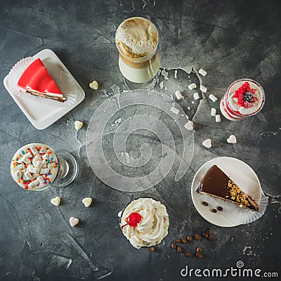 Food frame with milkshake drinks and desserts. Milkshakes and cake. Flat lay Stock Photo