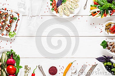 Food frame on white wooden table, free space Stock Photo