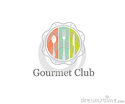 Food Gourmet Club Creative Vector Design Element. Spoon, Fork and Knife Inside Whimsical Circle Vector Illustration