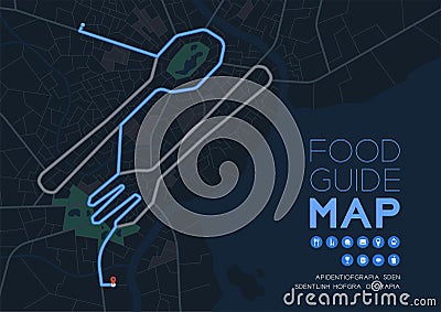 Food guide direction map travel with icon concept, Road Spoon and fork shape design in nighttime mode illustration isolated on Vector Illustration