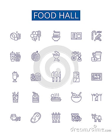 Food hall line icons signs set. Design collection of Cafeteria, Delicatessen, Restaurant, Bistro, Eatery, Stall, Cuisine Vector Illustration