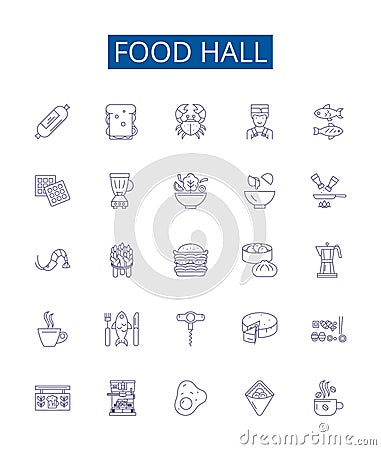 Food hall line icons signs set. Design collection of Cafeteria, Delicatessen, Restaurant, Bistro, Eatery, Stall, Cuisine Vector Illustration