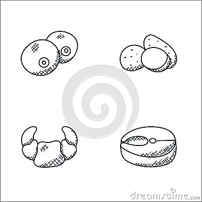 food hand drawn line icons. linear set. quality vector line set such as salmon, croissant, potato Vector Illustration
