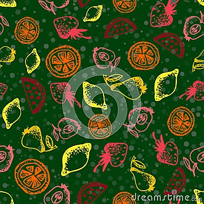 Food hand-drawn sketch line icons seamless pattern on dark background Cartoon Illustration