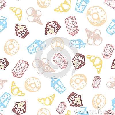 Food hand-drawn sketch line icons seamless pattern on white background Cartoon Illustration