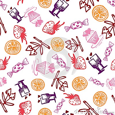 Food hand-drawn sketch line icons seamless pattern on white background Cartoon Illustration