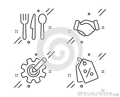 Food, Handshake and Cogwheel icons set. Discount tags sign. Cutlery, Deal hand, Edit settings. Sale coupons. Vector Vector Illustration