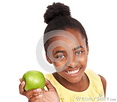 Food, health and portrait of girl and apple in studio for nutrition, wellness and diet. Smile, self care and vitamin c Stock Photo