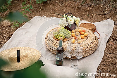 Food, holidays and celebration concept - close up of picnic basket champagne bottle and french roll bread on summer beach Stock Photo