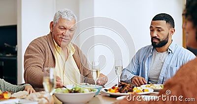 Food, holidays and a family at the dinner table of their home together for eating a celebration meal. Love, thanksgiving Stock Photo
