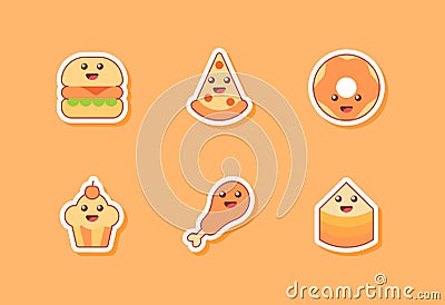 food icon set collection package burger pizza doughnuts cupcake fried chicken isolated background kawai emoticon face cute fun Stock Photo